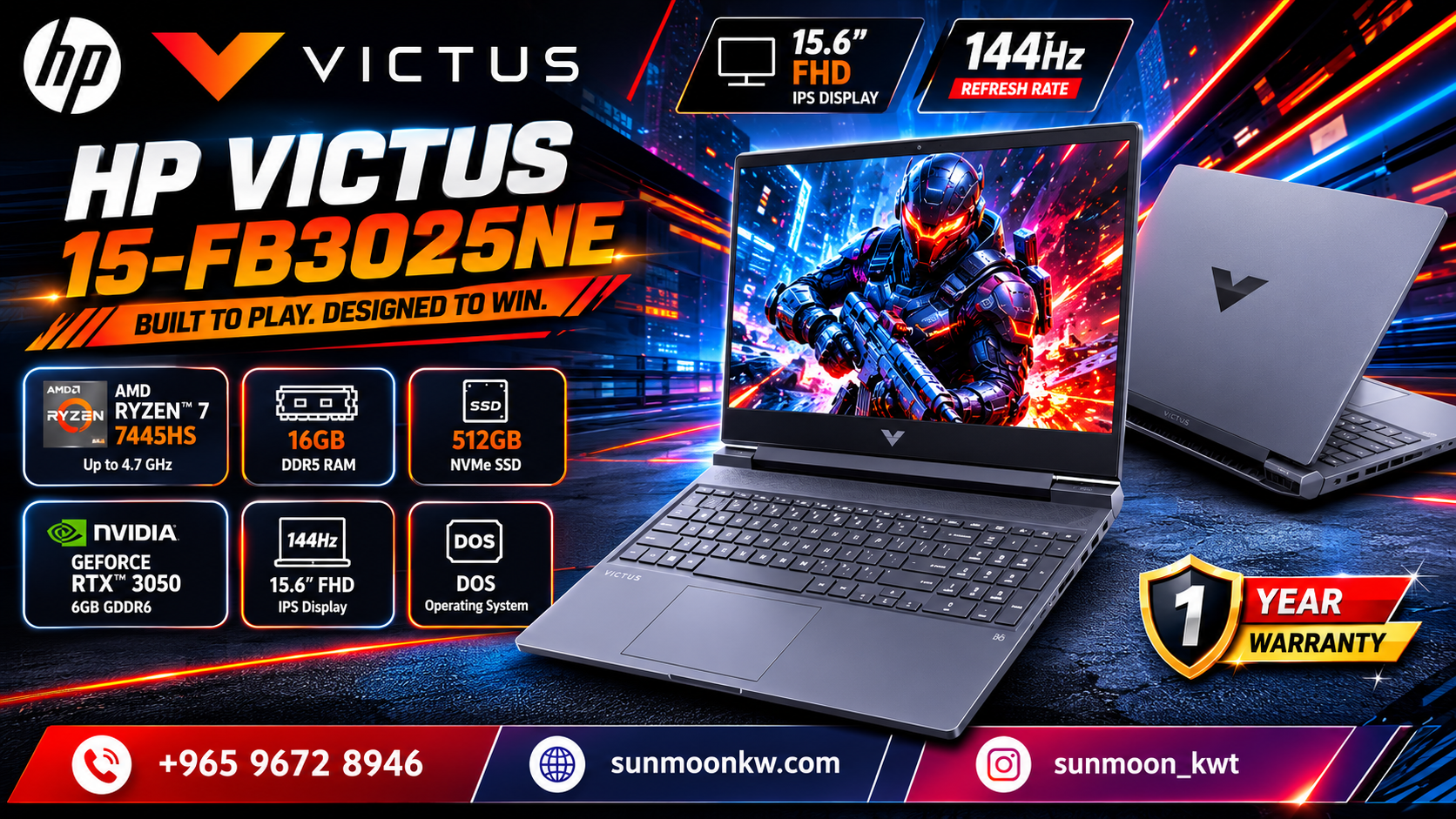 HP Victus 15-fb3025ne 144Hz IPS 15.6FHD Ryzen 7-7445HS / 16GB DDR5 RAM / 512GB NVMe SSD / NVIDIA RTX3050 6GB VGA / DOS / 1YW / Mica Silver - Gaming Laptop